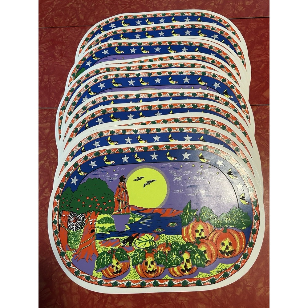 Vintage Vinyl Halloween Placemats Pumpkin Patch Glow In‎ The Dark Set Of 12
